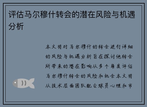评估马尔穆什转会的潜在风险与机遇分析