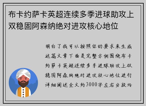 布卡约萨卡英超连续多季进球助攻上双稳固阿森纳绝对进攻核心地位 布卡约萨卡英超连续多季进球助攻上双稳固阿森纳绝对进攻核心地位