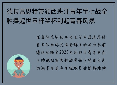 德拉富恩特带领西班牙青年军七战全胜捧起世界杯奖杯刮起青春风暴