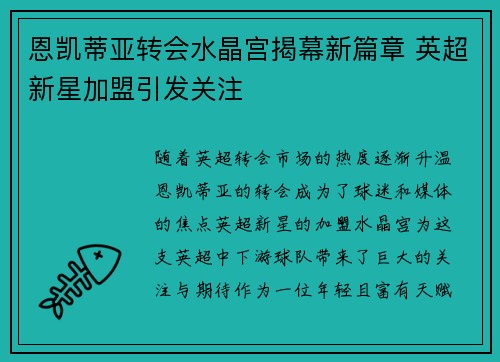 恩凯蒂亚转会水晶宫揭幕新篇章 英超新星加盟引发关注 恩凯蒂亚转会水晶宫揭幕新篇章 英超新星加盟引发关注