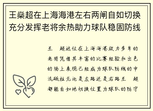 王燊超在上海海港左右两闸自如切换充分发挥老将余热助力球队稳固防线