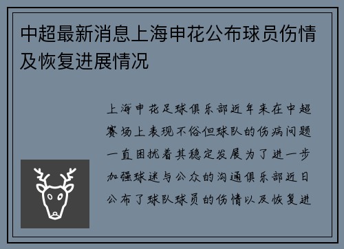 中超最新消息上海申花公布球员伤情及恢复进展情况