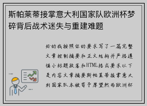 斯帕莱蒂接掌意大利国家队欧洲杯梦碎背后战术迷失与重建难题