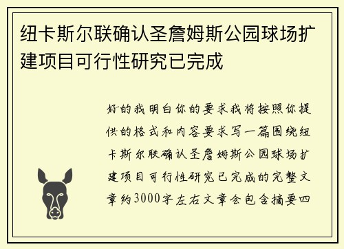 纽卡斯尔联确认圣詹姆斯公园球场扩建项目可行性研究已完成