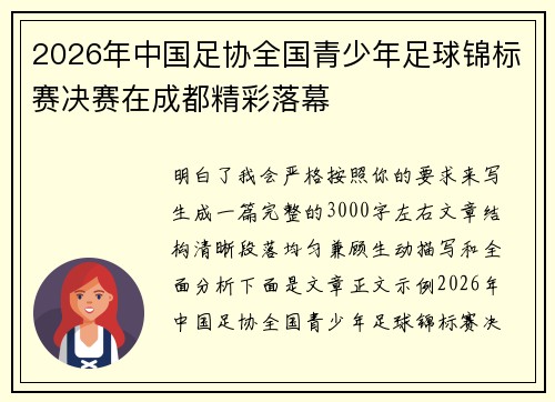 2026年中国足协全国青少年足球锦标赛决赛在成都精彩落幕